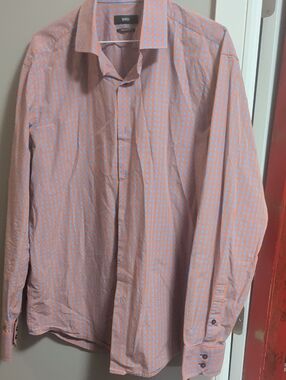 Hugo BOSS Men's Regular Fit orange and Light Blue Checkered Dress Shirt.